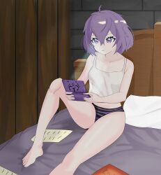 1girls ahoge bare_legs bare_midriff barefoot bed bernadetta_von_varley black_panties book breasts female female_only fire_emblem fire_emblem:_three_houses gaming indoors legs light midriff nintendo nintendo_3ds on_bed panties paper purple_eyes purple_hair purple_panties short_hair sitting small_breasts solo soulx720 striped_panties tank_top underwear video_game