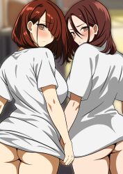 2girls big_breasts blush breasts brown_eyes brown_hair clothed clothing female_focus female_only half-dressed hi_res light-skinned_female light_skin long_hair looking_at_viewer mai_kamogawa medium_breasts minty-(artist) multiple_girls revealing_clothes simple_background tsuruhashi_madoka yankee_jk_kuzuhana_chan