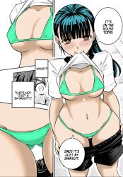 1boy 1girls ass big_ass big_breasts bikini black_hair breasts brown_eyes clothed clothing color_edit colored edit english_text female_focus hi_res light-skinned_female light-skinned_male light_skin looking_at_viewer meep_flow navel official_art revealing_clothes saotome_hodaka short_hair sideboob simple_background sogabe_toshinori takae_kasumi text third-party_edit undressing yankee_jk_kuzuhana_chan