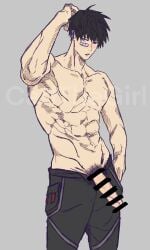 1boy abs bandaid black_hair cargo_pants carithegirl censor_bar erect_penis erection iso_(valorant) male male_focus male_only muscles muscular muscular_male pants pants_pulled_down plain_background pubes purple_eyes solo solo_focus solo_male valorant watermark white_skin