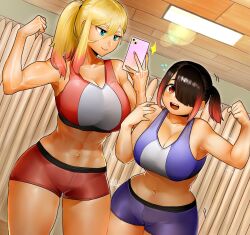 2girls alienzxeno big_breasts blonde_hair breasts brown_hair cleavage female_focus female_only green_eyes hi_res kuzuryuu_hanako light-skinned_female light_skin looking_at_viewer mai_kamogawa navel ponytail pose selfie simple_background sports_bra sportswear yankee_jk_kuzuhana_chan