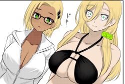 2girls big_breasts bikini blonde_hair breasts cleavage clothed clothing color_edit colored colored_hair edit female_focus female_only glasses green_eyes hi_res inukai_koharu japanese_text kuzuryuu_hanako light-skinned_female light_skin looking_at_viewer meep_flow official_art open_mouth revealing_clothes simple_background sogabe_toshinori standing tan tan-skinned_female tan_body tanned tanned_female text third-party_edit translation_request yankee_jk_kuzuhana_chan