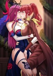 2girls against_wall anna_(fire_emblem) anna_(fire_emblem_awakening) arm_around_neck arm_around_waist asymmetrical_docking bare_shoulders bare_thighs belt big_breasts blush breast_press breasts cape cleavage clothed collarbone detached_sleeves dress female female_only fingering fingering_partner fire_emblem fire_emblem_awakening fire_emblem_engage fishnet_legwear fishnets french_kiss half-closed_eyes hug indoors ivy_(fire_emblem) kissing large_breasts long_hair looking_at_another multiple_girls nintendo pants pelvic_curtain pillar pink_eyes pink_hair ponytail purple_hair red_eyes red_hair saikunartworks shoulders side_slit standing thighhighs thighs tongue tongue_out very_long_hair yuri