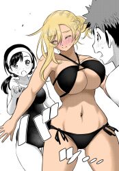 1boy 2girls bikini black_hair blonde_hair blush closed_eyes clothed clothing color_edit colored edit hi_res kuzuryuu_hanako light-skinned_female light-skinned_male light_skin long_hair looking_at_viewer meep_flow navel official_art pose revealing_clothes saotome_hodaka short_hair side-tie_bikini simple_background sogabe_toshinori swimsuit third-party_edit underboob usagi_kanae white_background yankee_jk_kuzuhana_chan