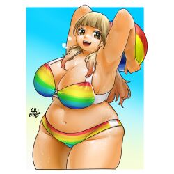 1girls alienzxeno beach big_breasts bikini blonde_hair breasts brown_eyes cleavage curvy female_focus female_only hi_res light-skinned_female light_skin long_hair looking_at_viewer navel obese overweight pose simple_background solo watermark wide_hips yankee_jk_kuzuhana_chan yuna_ushigome