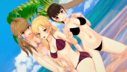 3d 3girls ass beach big_ass big_breasts bikini black_hair blonde_hair breasts brown_eyes brown_hair clothed clothing female_focus female_only green_eyes hi_res kuzuryuu_hanako light-skinned_female light_skin open_mouth pose revealing_clothes simple_background takae_kasumi takkii_(artist) wide_hips yankee_jk_kuzuhana_chan yuna_ushigome