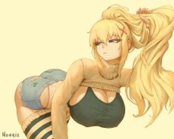 1girls ass bent_over big_ass big_breasts black_bra blonde_hair blue_eyes blue_shorts booty_shorts bottomwear bra breasts cleavage darkness_(konosuba) female female_only hair horny huge_breasts kono_subarashii_sekai_ni_shukufuku_wo! large_breasts noaqin pink_thong ponytail short_shorts shorts solo striped_legwear striped_thighhighs sweater thighhighs thighs thong thong_above_shorts topwear