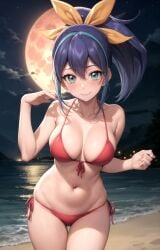 1girls ai_generated beach_background bikini blue_hair blush breasts celina cyan_hair d_rikazangetsu female hi_res huge_breasts looking_at_viewer looking_back navel ponytail ribbon serena_(yu-gi-oh!_arc-v) smile solo yu-gi-oh! yu-gi-oh!_arc-v