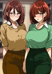 2girls big_breasts blush breasts brown_eyes brown_hair clothed clothing female_focus female_only hi_res light-skinned_female light_skin long_hair looking_at_viewer mai_kamogawa medium_breasts minty-(artist) revealing_clothes simple_background tsuruhashi_madoka yankee_jk_kuzuhana_chan