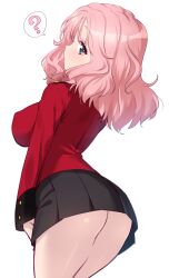 ? ass black_skirt blush breasts covered_erect_nipples female girls_und_panzer grey_eyes kuzuryuu_kennosuke large_breasts long_hair looking_at_viewer looking_back microskirt military_uniform no_panties open_mouth peach_(girls_und_panzer) pink_hair skirt solo st._gloriana's_military_uniform uniform