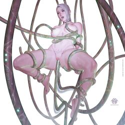 1girls areolae arms_behind_back big_breasts blush breasts choker female female_only gray_eyes gray_hair large_breasts mila_the_mute nipples pale-skinned_female pale_skin restrained restrained_by_tentacles short_hair solo solo_female suspension sweat tentacle tentacle_in_ass tentacle_in_nipple tentacle_in_pussy tentacle_on_breast tentacle_penetration tentacle_sex thick_thighs thighs tongue tongue_out wet white_background