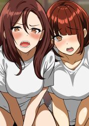 2girls big_breasts blush breasts brown_eyes brown_hair clothed clothing female_focus female_only hi_res light-skinned_female light_skin long_hair looking_at_viewer mai_kamogawa medium_breasts minty-(artist) revealing_clothes simple_background tsuruhashi_madoka yankee_jk_kuzuhana_chan