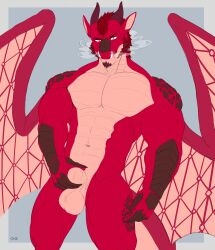 abs absurd_res animal_genitalia anthro balls bedroom_eyes biceps claws dragon entropy_(billeur) fur genitals hi_res holding_sheath horn impatient looking_at_viewer male membrane_(anatomy) membranous_wings muscular muscular_anthro muscular_male narrowed_eyes nude one_(artist) pecs red_body red_fur red_scales scales scalie seductive sheath simple_background smoke solo tail western_dragon wings