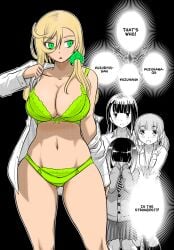 4girls big_breasts blonde_hair breasts cleavage clothed clothing color_edit colored curvy edit english_text female_focus female_only green_eyes hi_res kuzuryuu_hanako light-skinned_female light_skin long_hair looking_at_viewer mai_kamogawa medium_hair meep_flow navel official_art revealing_clothes simple_background sogabe_toshinori takae_kasumi text third-party_edit underwear undressing wide_hips yankee_jk_kuzuhana_chan yuna_ushigome