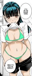 1girls ass big_ass big_breasts bikini black_hair breasts brown_eyes clothed clothing color_edit colored edit english_text female_focus female_only hi_res light-skinned_female light_skin looking_at_viewer meep_flow navel official_art revealing_clothes sideboob simple_background sogabe_toshinori solo takae_kasumi text third-party_edit undressing yankee_jk_kuzuhana_chan