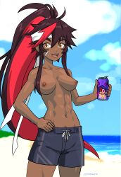 1girls abs beach breasts brown_body brown_hair brown_skin casual clothing dark-skinned_female dark_skin facepaint facial_markings female female_abs female_only gold_eyes headband human juliette_(omega_strikers) long_hair male_swimwear male_swimwear_challenge medium_breasts myahogao nipples omega_strikers ponytail red_hair shorts shorts_only smile soda_can swimwear tomboy topless topless_female two_tone_hair wholesome wholesome_topless yellow_eyes