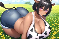 ai_generated all_fours big big_ass big_breasts black_hair cleavage cow_ears cow_girl cow_tail curvaceous curvy curvy_body curvy_female curvy_figure dark-skinned_female dark_skin denim_shorts field flower huge_ass huge_breasts large_breasts novelai pink_eyes short_hair smile smiling smiling_at_viewer