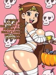 1girls big_breasts braces brown_hair darkeros13 disney english_text gravity_falls halloween huge_breasts light-skinned_female light_skin long_hair looking_at_viewer looking_back mabel_pines mummy_costume mummy_wrappings name_drop