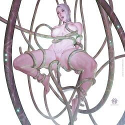 1girls anal_sex areolae arms_behind_back big_breasts blush breasts choker female female_only gray_eyes gray_hair large_breasts mila_the_mute nipples pale-skinned_female pale_skin restrained restrained_by_tentacles short_hair solo solo_female suspension sweat tentacle tentacle_in_ass tentacle_in_nipple tentacle_on_breast tentacle_penetration tentacle_sex thick_thighs thighs tongue tongue_out wet white_background