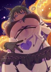 1girls 2023 absurdres alternate_costume black_panties blue_eyes blue_hair byleth_(fire_emblem) byleth_(fire_emblem)_(female) cleavage female female_only fire_emblem fire_emblem:_three_houses from_below gloves halloween halloween_costume heart highres huge_breasts jack-o'-lantern karakamayo looking_at_viewer looking_down nail_polish night nintendo panties pubic_tattoo smile solo tattoo underboob underwear v w