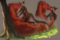 age_of_dino anthro canid canine canis ceratosaurid ceratosaurus devil_dinosaur dinosaur duo female feral hyper kissing male male/female mammal marvel reptile scalie the_isle theropod unknown_artist wolf