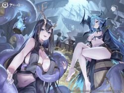 3girls absurdres ahoge antlers azur_lane barefoot barrel black_coat black_hair blue_hair breasts closed_mouth coat coin copyright copyright_name crossed_legs feet gesoking gold_coin gold_trim golden_hind_(azur_lane) grey_nails hair_between_eyes hair_over_one_eye hat highres horns huge_breasts lantern large_breasts light-skinned_female light_skin logo long_hair looking_at_viewer mary_celeste_(azur_lane) mole mole_under_mouth multiple_girls nail_polish navel official_art outdoors pirate_hat pirate_ship revealing_clothes second-party_source shadow sidelocks sitting smile soles stomach sword tempesta_(azur_lane) tentacle thighs toes torn_clothes upper_body very_long_hair weapon whydah_(azur_lane)