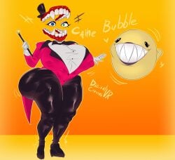 big_ass big_breasts big_thighs black_pants bow_tie bubble_(the_amazing_digital_circus) caine_(the_amazing_digital_circus) denture eye_ball eyes fangs female gloves huge_ass huge_breasts huge_thighs looking_at_viewer magician magician_hat nipples nipples_visible_through_clothing rule_63 tagme the_amazing_digital_circus thick_thighs tuxedo ujanskiy