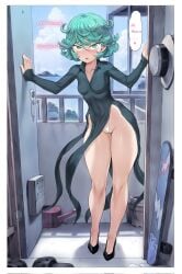 1girls blush color dress eyebrows female female_only gonzalo_costa green_eyes green_hair high_heels looking_at_viewer mogudan one-punch_man short_hair small_breasts small_panties solo solo_female solo_focus tatsumaki text thick_thighs thighs thong white_panties wide_hips