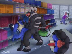 anal anal_sex anthro bagu balls black_body black_fur blue_body blue_fur bodily_fluids claws clothed clothing cum duo finger_claws fur gay gay_sex generation_2_pokemon generation_4_pokemon generation_7_pokemon genital_fluids genitals hi_res houndoom lucario lycanroc male male/male male_only nintendo nude penetration pokemon pokemon_(species) public public_sex red_body red_fur sex toe_claws