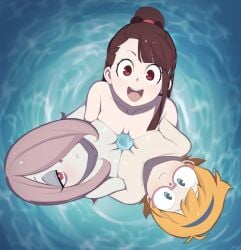 3girls akko_kagari arikindows10 breast_on_breasts breast_press breast_squish completely_nude female female_only little_witch_academia lotte_yansson multiple_girls pool sucy_manbavaran witch