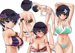 1girls back_view bangs bikini black_hair blunt_bangs blush cleavage feet_up female flower flower_in_hair front-tie_bikini front_view hair_ornament large_breasts light-skinned_female light_skin looking_at_viewer lying mash_mao medium_hair multiple_views senran_kagura shoes simple_background smile solo standing straight_hair strapless stretching white_background yozakura_(senran_kagura)