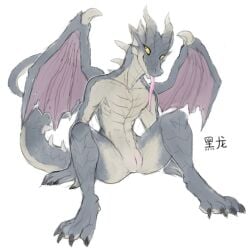 1oi 2021 ambiguous_gender animal_genitalia anthro capcom dragon elder_dragon fatalis fatalis_(monster_hunter) genital_slit genitals hi_res horn long_tongue membrane_(anatomy) membranous_wings monster_hunter nude scales scalie signature sitting slit solo tail tongue tongue_out wings yellow_eyes