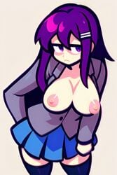 ai_generated big_breasts blazer blue_skirt breasts_out dark_blue_thighhighs doki_doki_literature_club female frown long_hair looking_at_viewer pixai purple_eyes purple_hair simple_background skirt solo thighhighs tired tired_eyes yuri_(doki_doki_literature_club)