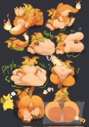 after_vore anthro anus ass belly big_belly big_butt charizard digestion duo feet generation_1_pokemon hi_res nintendo oral_vore pikachu pokemon pokemon_(species) raichu simple_background size_difference smaller_prey smile swollen thick_thighs vore watagenodebi