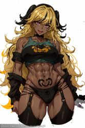 abs ai_generated alexandhotdogai alternate_body_type bare_shoulders black_hair blackwashed blonde_hair clothed clothing crop_top dark-skinned_female dark_skin detatched_sleeves ebonization evil_grin evil_smile female female_focus female_only ganguro garter_belt garter_straps gyaru identity_death inviting inviting_to_fuck inviting_to_sex looking_at_viewer looking_pleasured midriff multicolored_hair muscles personality_change personality_switch pubic_tattoo purple_eyes race_queen race_swap rwby smiling stable_diffusion tattoo tattoos thick_thighs thong transformation wide_hips yang_xiao_long