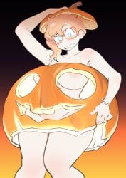 big_breasts blue_eyes blush colo female freckles glasses halloween hips implied_embarassment naked nude pumpkin rita_(colo)