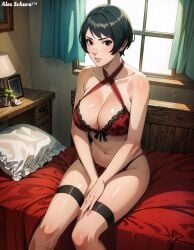 1girls ai_generated alex-schura bare_legs bare_midriff bare_shoulders bare_thighs bed bedroom black_eyes black_hair black_nose blush boruto:_naruto_next_generations bra breasts cleavage feet_out_of_frame indoors kurotsuchi leg_strap light-skinned_female light_skin lingerie looking_at_viewer mature mature_female midriff nai_diffusion naruto naruto_(series) panties pinup red_lingerie short_hair shounen_jump sitting sitting_on_bed smile solo solo_focus stable_diffusion thighs underwear watermark