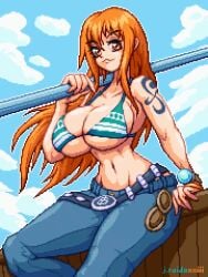 2d 2d_animation animated big_breasts bikini breasts female female_only gif huge_breasts j.raido jeans large_breasts nami nami_(one_piece) one_piece orange_hair pixel_animation pixel_art post-timeskip shounen_jump striped_bikini tagme