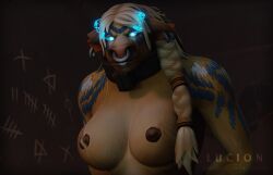 3d 3d_(artwork) angry beige_fur big_breasts blizzard_entertainment blonde_hair blue_eyes blue_paint blue_sclera breasts chains collar death_knight death_knight_(warcraft) earrings female female_focus female_only furry glowing_eyes horns kneeling lucionart metal_collar nipples nose_piercing nose_ring piercing piercings prison prisoner self_upload septum_piercing septum_ring tauren tauren_female undead upper_body warcraft world_of_warcraft yellow_fur