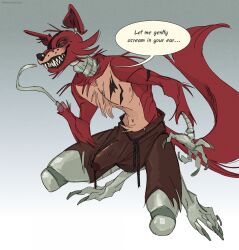 anthro baggy_clothing bottomwear bulge canid canine clothing dialogue eye_patch eyewear fangs five_nights_at_freddy's fox foxy_(fnaf) fur hi_res ksejl looking_at_viewer machine male male_only mammal metal pirate red_body red_fur robot scottgames shirtless shorts smile solo talking_to_viewer teeth toothy_grin yellow_eyes