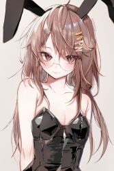 1girls bare_shoulders brown_eyes brown_hair bunny_ears bunny_ears_headband bunnysuit exposed_shoulders flat_chest flat_chested glasses hair_ornament hairclip headband hi_res highres indie_virtual_youtuber light_blush looking_at_viewer pan_the_bread pan_the_bread(artist) round_glasses small_breasts solo solo_female solo_focus upper_body virtual_youtuber