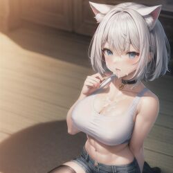 ai_generated bad_business blue_eyes breasts cat_ears cat_girl cat_tail catgirl cum cum_on_breasts cum_on_face erika_bad_business female mommy roblox sitting thick_thighs white_hair