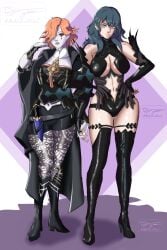 2girls alternate_costume alternate_version_available artist_kiwi bare_midriff bare_shoulders bare_thighs blue_eyes boots breasts byleth_(fire_emblem) byleth_(fire_emblem)_(female) byleth_(fire_emblem)_(female)_(cosplay) cleavage cosplay elbow_gloves female female_only fingerless_gloves fire_emblem fire_emblem:_three_houses gloves hair_over_one_eye hand_on_hip holding_hands inner_sideboob knife kronya_(fire_emblem) kronya_(fire_emblem)_(cosplay) large_breasts leggings long_hair looking_at_viewer medium_breasts midriff multiple_girls nintendo orange_hair pantyhose red_eyes short_hair shorts shoulders tail teal_hair thigh_boots thighs weapon yuri