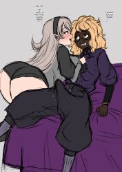 1futa 1girls ass bent_over blonde_hair bottomless breasts brown_eyes clothed clothing corrin_(fire_emblem) corrin_(fire_emblem)_(female) dark-skinned_futanari dark_skin dialogue duo english_text erection erection_under_clothes female fire_emblem fire_emblem_fates fully_clothed futa_on_female futanari glasses grey_hair grin imminent_sex inviting inviting_to_sex large_ass light-skinned_female light_skin long_hair looking_at_another malena_(umeyiyo) medium_breasts medium_hair nintendo original red_eyes shorts small_breasts tenting text thick_thighs umeyiyo