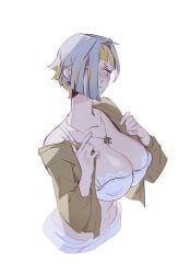 big_breasts blush bra clothed female female_only fully_clothed kromer_(limbus_company) limbus_company looking_away miniskirt multicolored_hair necklace nipple_bulge project_moon senia_xxx undressing white_hair yellow_eyes yellow_hair