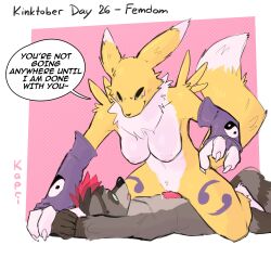 absurd_res anthro arm_warmers armwear bandai_namco bodily_fluids breasts clothing cowgirl_position dialogue digimon digimon_(species) dominant dominant_female duo erection female female_on_top fur genital_fluids genitals girl_on_top grey_body grey_fur hair hi_res interspecies kapri kinktober kinktober_2023 lying male male/female mammal nipples nude on_back on_top page_26 penis pink_hair pinned_arms pinned_to_floor precum procyonid pussy pussyjob raccoon renamon sex smile speech_bubble white_body white_fur yellow_body yellow_fur yin_yang