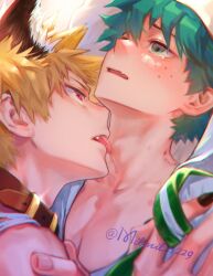 2boys bakugou_katsuki bite bite_mark bite_mark_on_neck blonde_hair freckles green_eyes green_hair halloween izuku_midoriya katsuki_bakugou licking licking_neck male male/male male_focus male_only my_hero_academia saliva spiky_hair suggestive tears_in_eyes tongue tongue_out wolf_boy wolf_ears yaoi