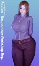 1girls 3d arcrad belt big_breasts blue_eyes breasts brown_hair busty curvaceous curvy curvy_body curvy_female curvy_figure english english_text female huge_breasts large_breasts limbus_company pants project_moon rodion_(limbus_company) shirt text voluptuous