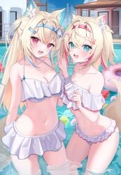 2girls :3 :3d bikini blonde_hair blue_eyes blue_hair breasts cleavage cute_fang dog_ears dog_girl female female_only frilled_bikini frills fuwamoco fuwawa_abyssgard hololive hololive_english hololive_english_-advent- large_breasts long_hair looking_at_viewer mococo_abyssgard navel pink_eyes pink_hair short_hair siblings sisters small_breasts swimsuit twins virtual_youtuber