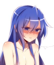 blue_eyes blue_hair blush breasts commentary_request cum cum_in_mouth cum_string female hair_between_eyes hair_censor hair_over_breasts kazanari_tsubasa lanlanlap long_hair medium_breasts nude senki_zesshou_symphogear solo sweatdrop